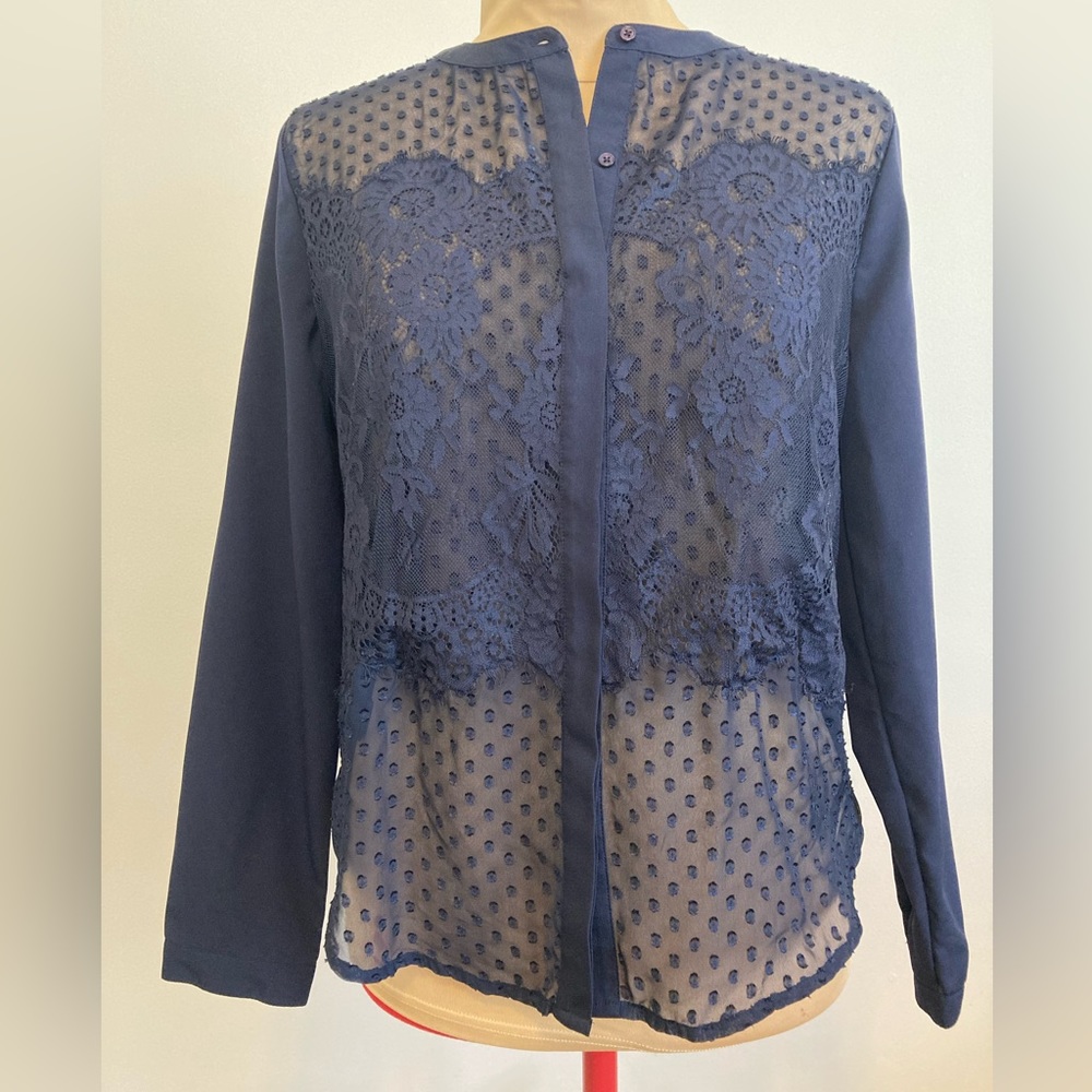 Ann Taylor Lace Button-down Navy Blouse